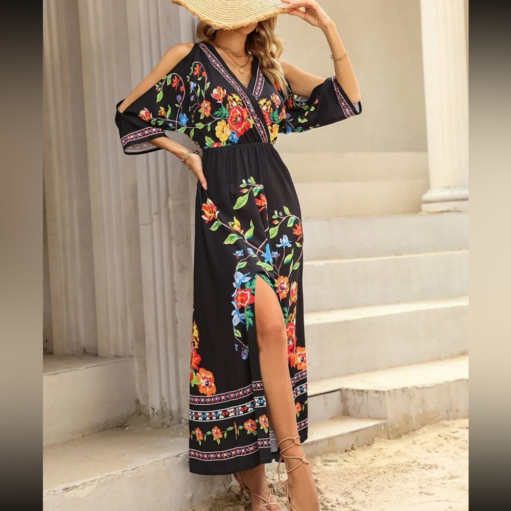 Boho floral print cold shoulder slit thigh maxi dress - Picture 2 of 6